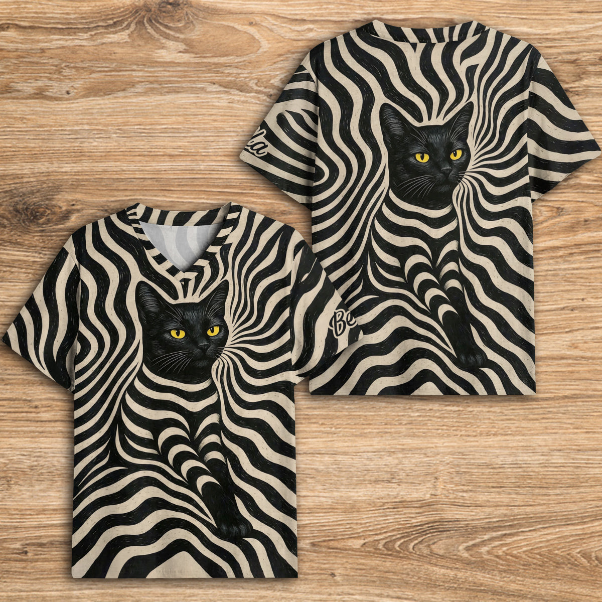 Cool Psychedelic Style Artistic Black Cat - Personalized Black Cat Fully Printed V-Neck T-Shirt