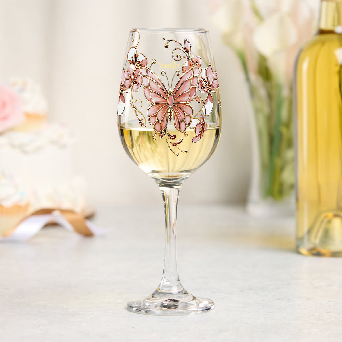 Pink Glass Butterfly - Personalized Butterfly Wine Glass With Long Stem