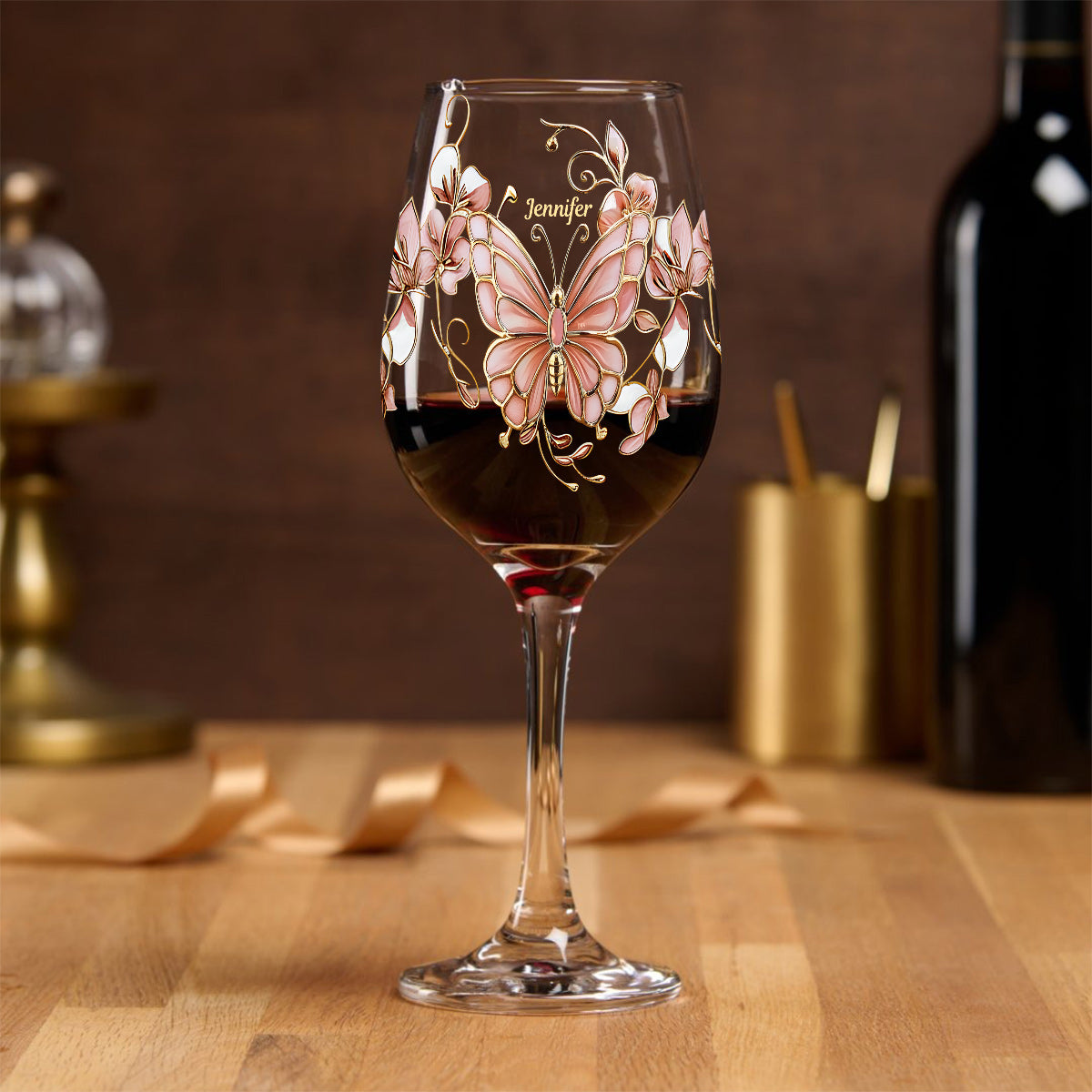 Pink Glass Butterfly - Personalized Butterfly Wine Glass With Long Stem
