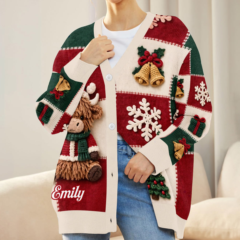 Love Highland Cow Christmas Gift - Personalized Highland Cow Cardigan Sweater