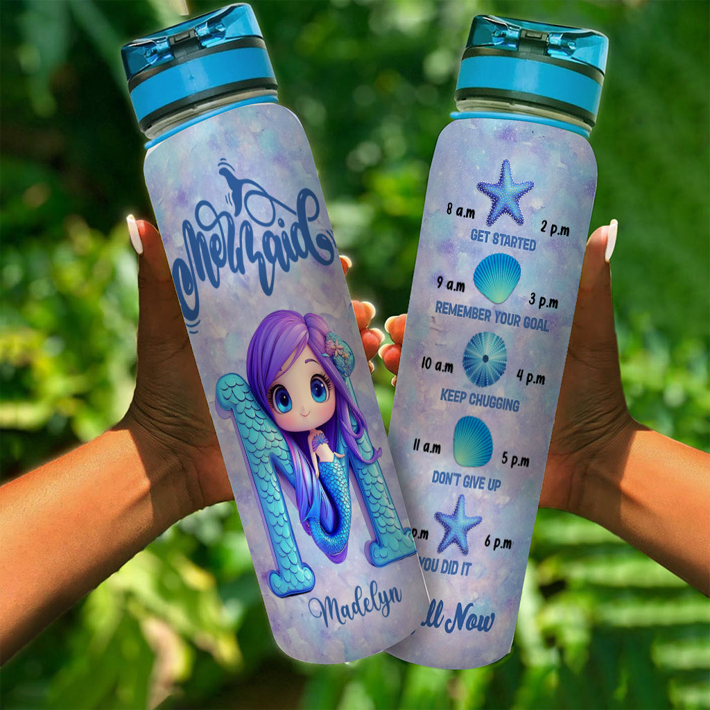 Cute Mermaid Alphabet Letter Custom Name - Personalized Mermaid Water Tracker Bottle