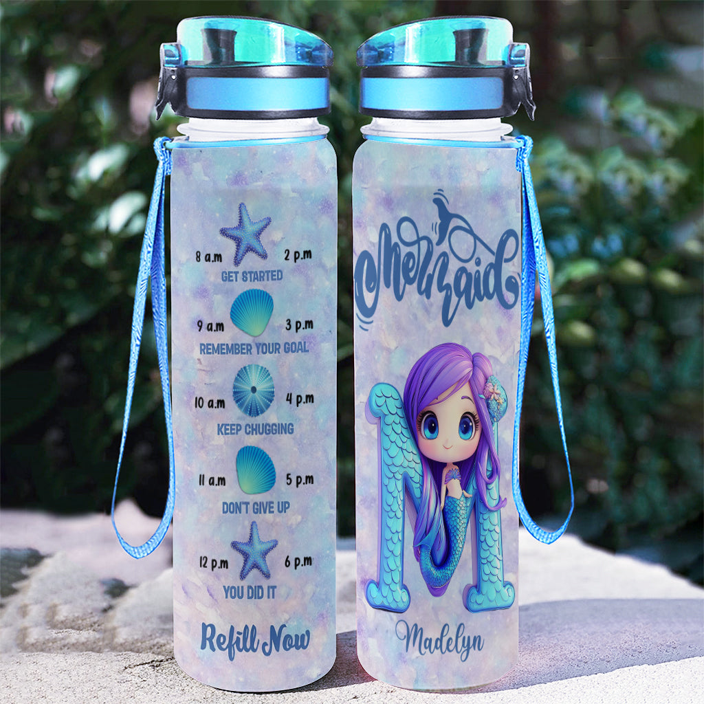Cute Mermaid Alphabet Letter Custom Name - Personalized Mermaid Water Tracker Bottle