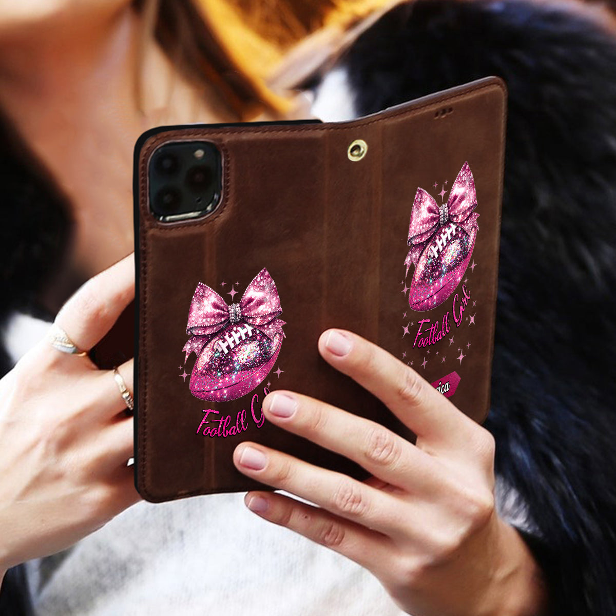 Glitter Football - Personalized Football Wallet Phone Case With Strap