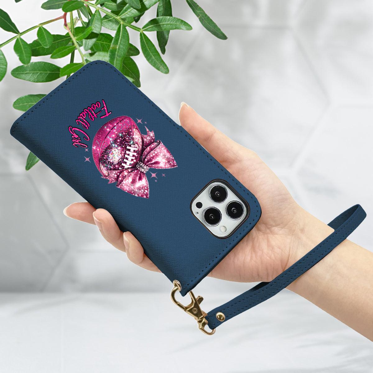 Glitter Football - Personalized Football Wallet Phone Case With Strap