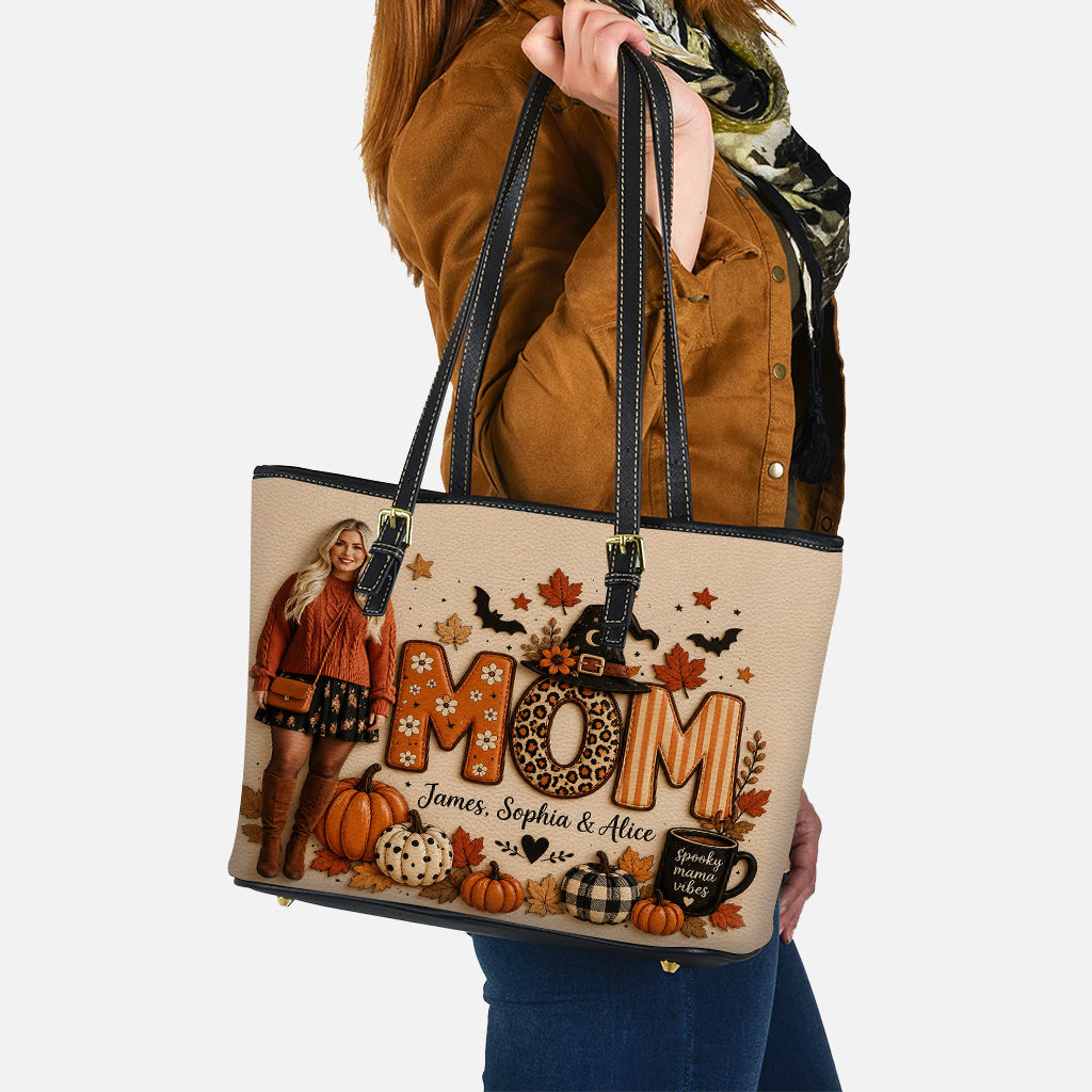 Spooky Mama, Grandma Fall Vibes - Personalized Mother Leather Bag