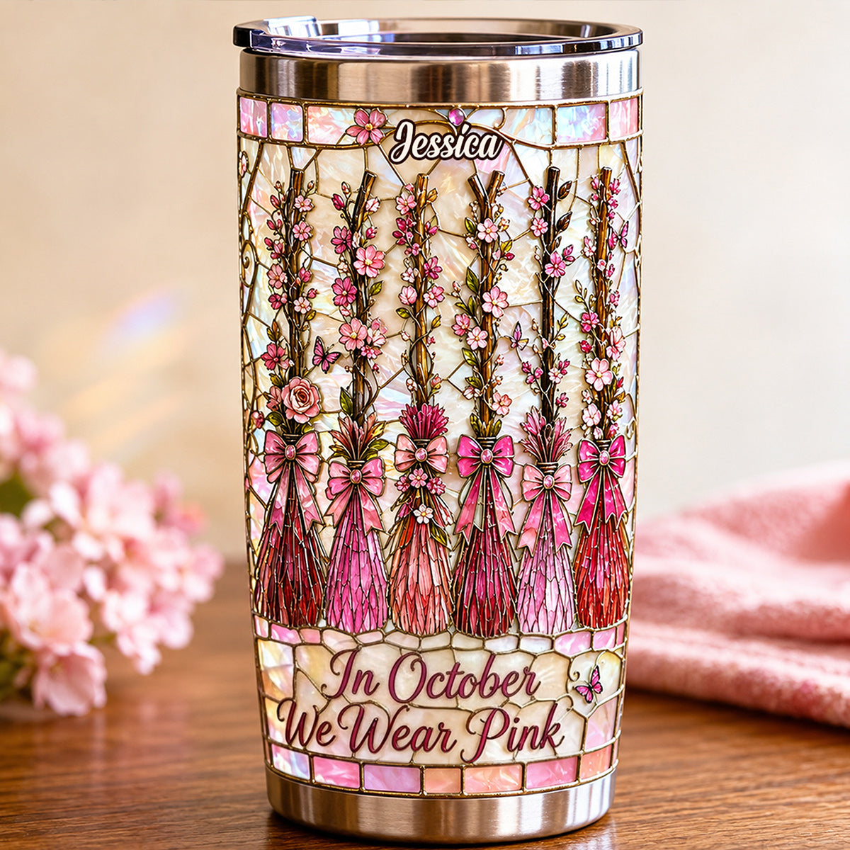 In October We Wear Pink - Personalized Breast Cancer Awareness Tumbler