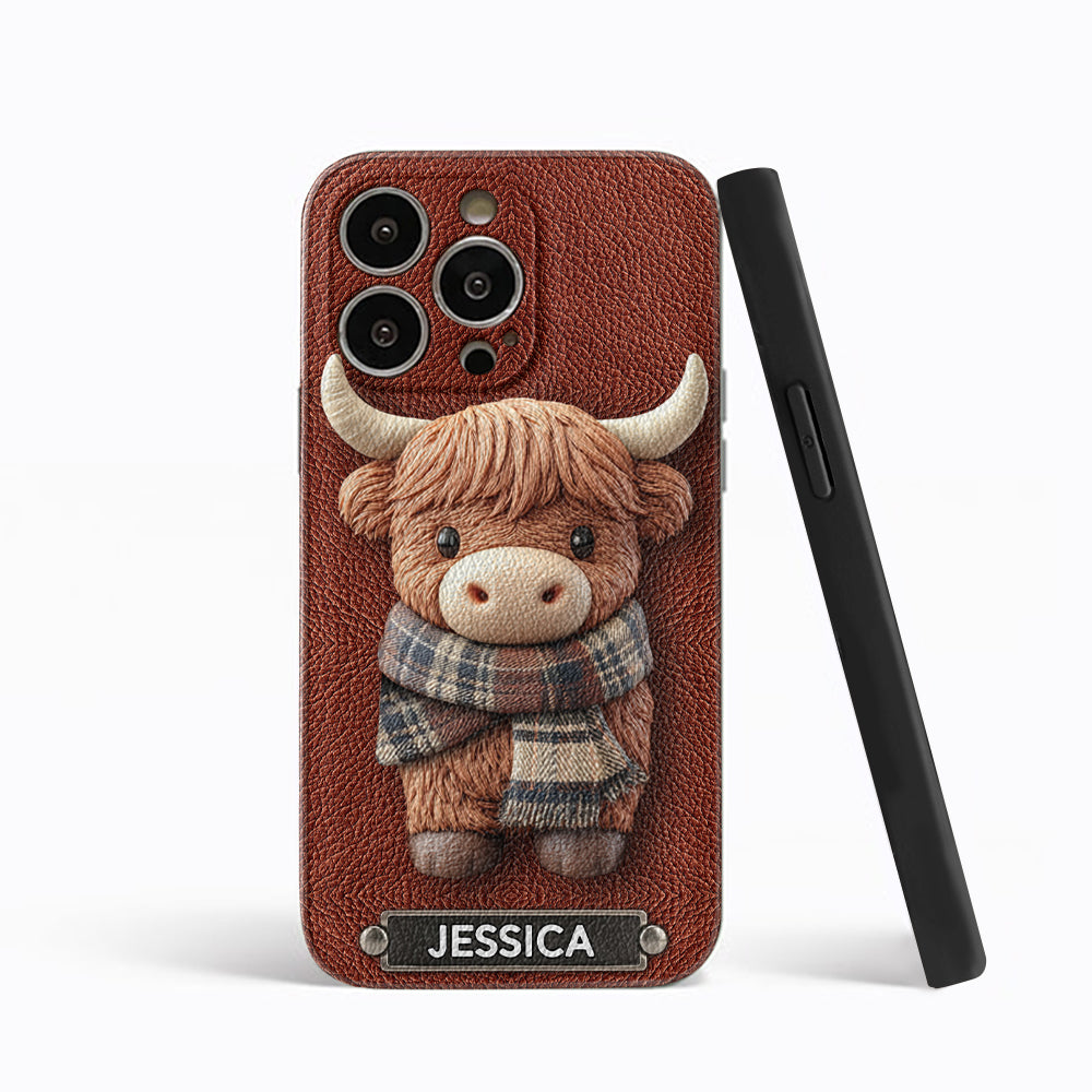 Adorable Highland Cow - Personalized Highland Cow Leather Phone Case