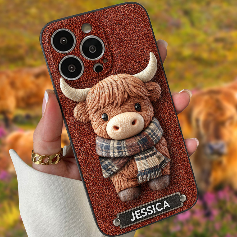 Adorable Highland Cow - Personalized Highland Cow Leather Phone Case