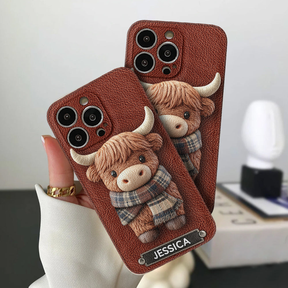 Adorable Highland Cow - Personalized Highland Cow Leather Phone Case