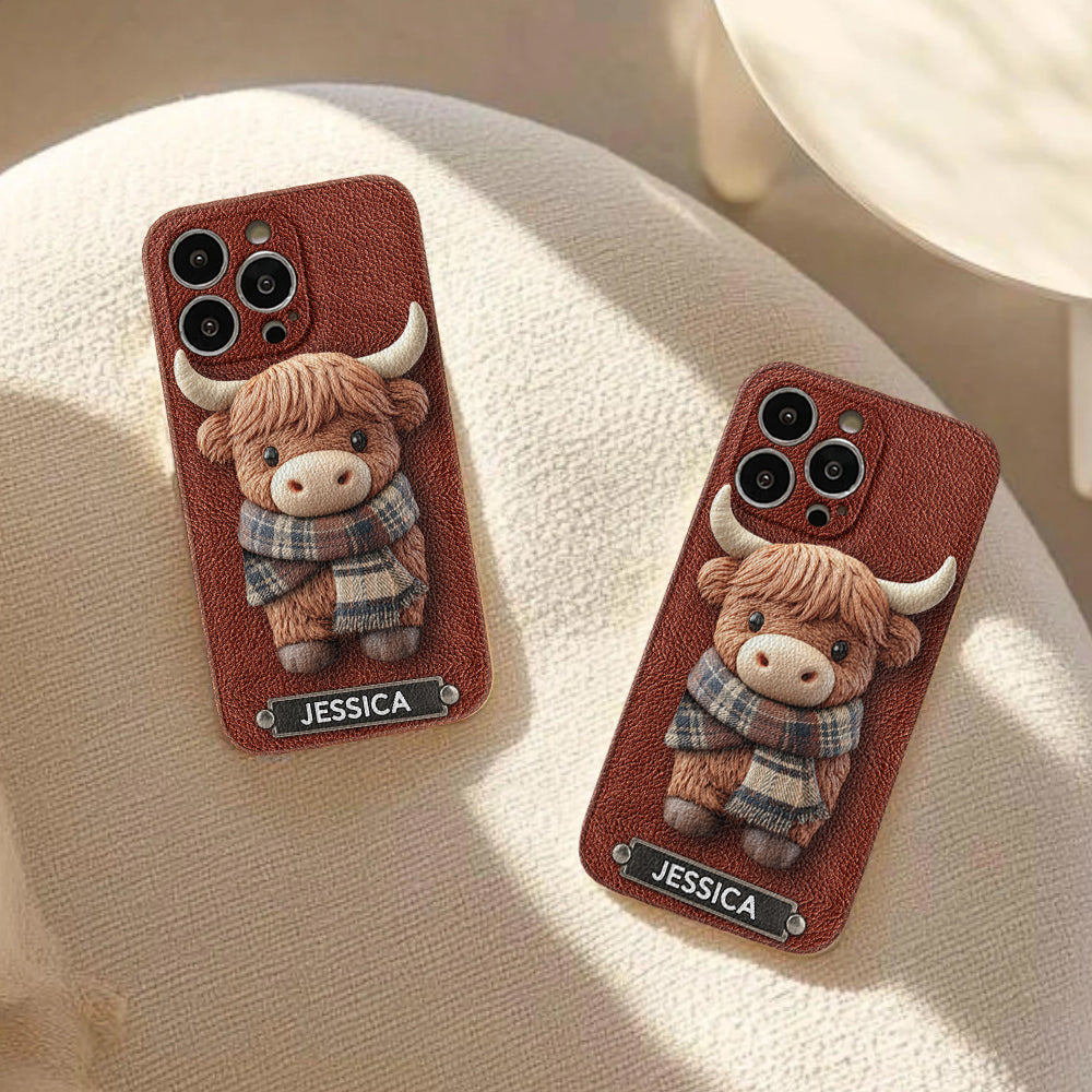 Adorable Highland Cow - Personalized Highland Cow Leather Phone Case