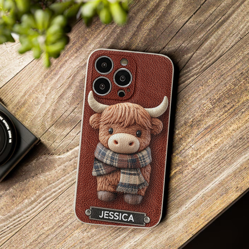 Adorable Highland Cow - Personalized Highland Cow Leather Phone Case