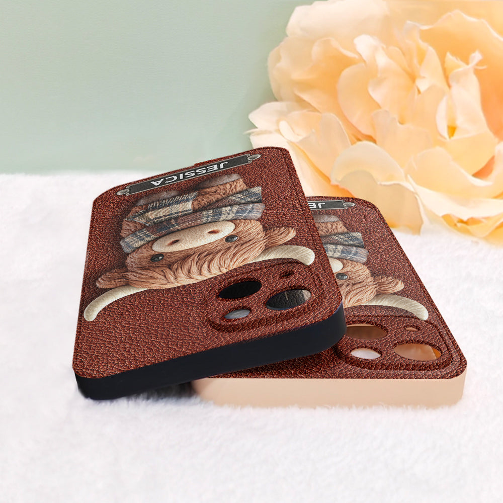 Adorable Highland Cow - Personalized Highland Cow Leather Phone Case