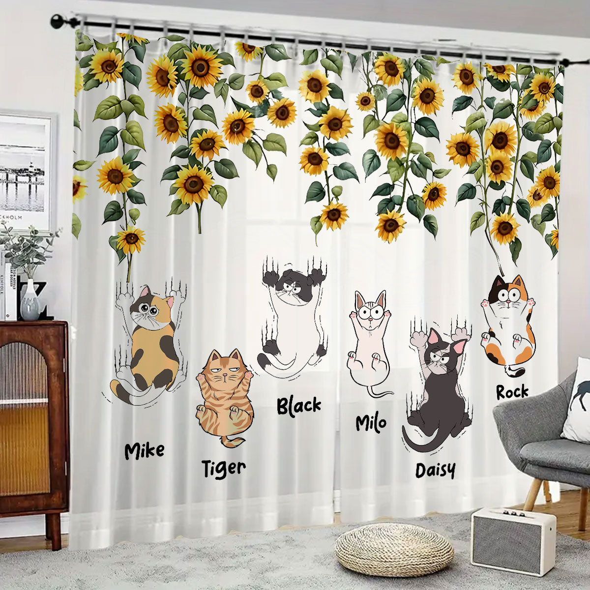Cute Cats And Sunflowers - Personalized Cat Blackout Window Curtain/ Drapes Set