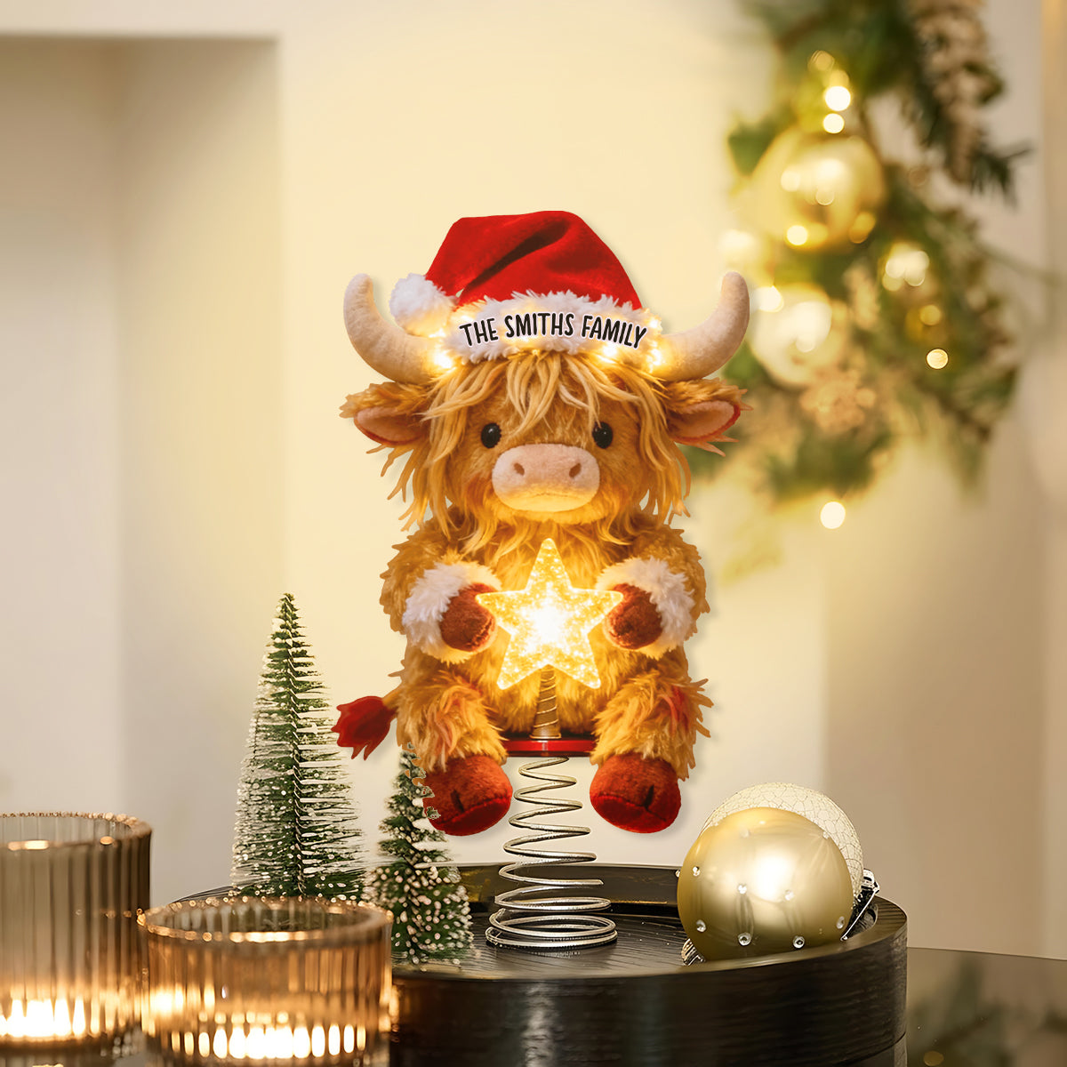 Merry Christmas - Personalized Highland Cow LED Light Tree Topper