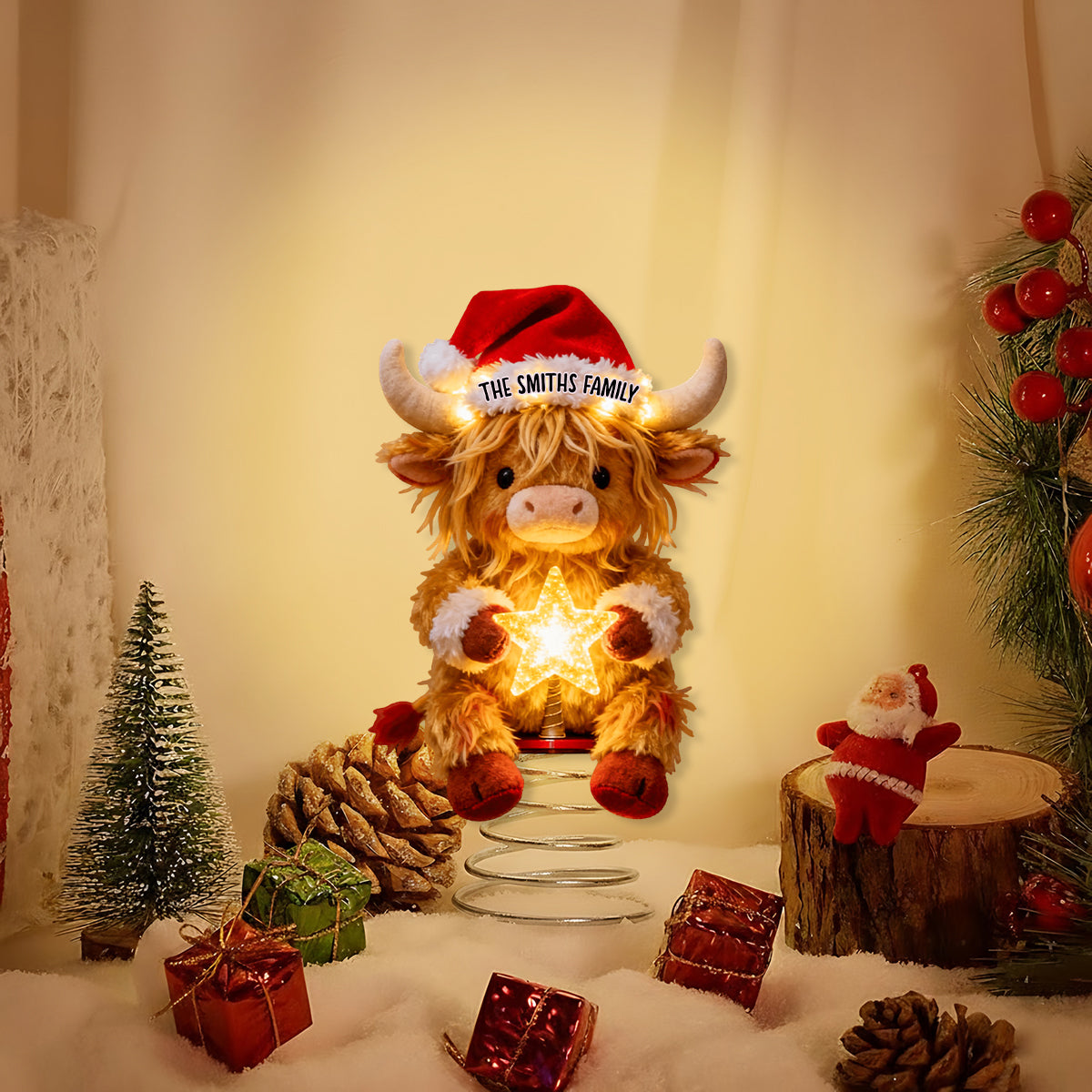 Merry Christmas - Personalized Highland Cow LED Light Tree Topper