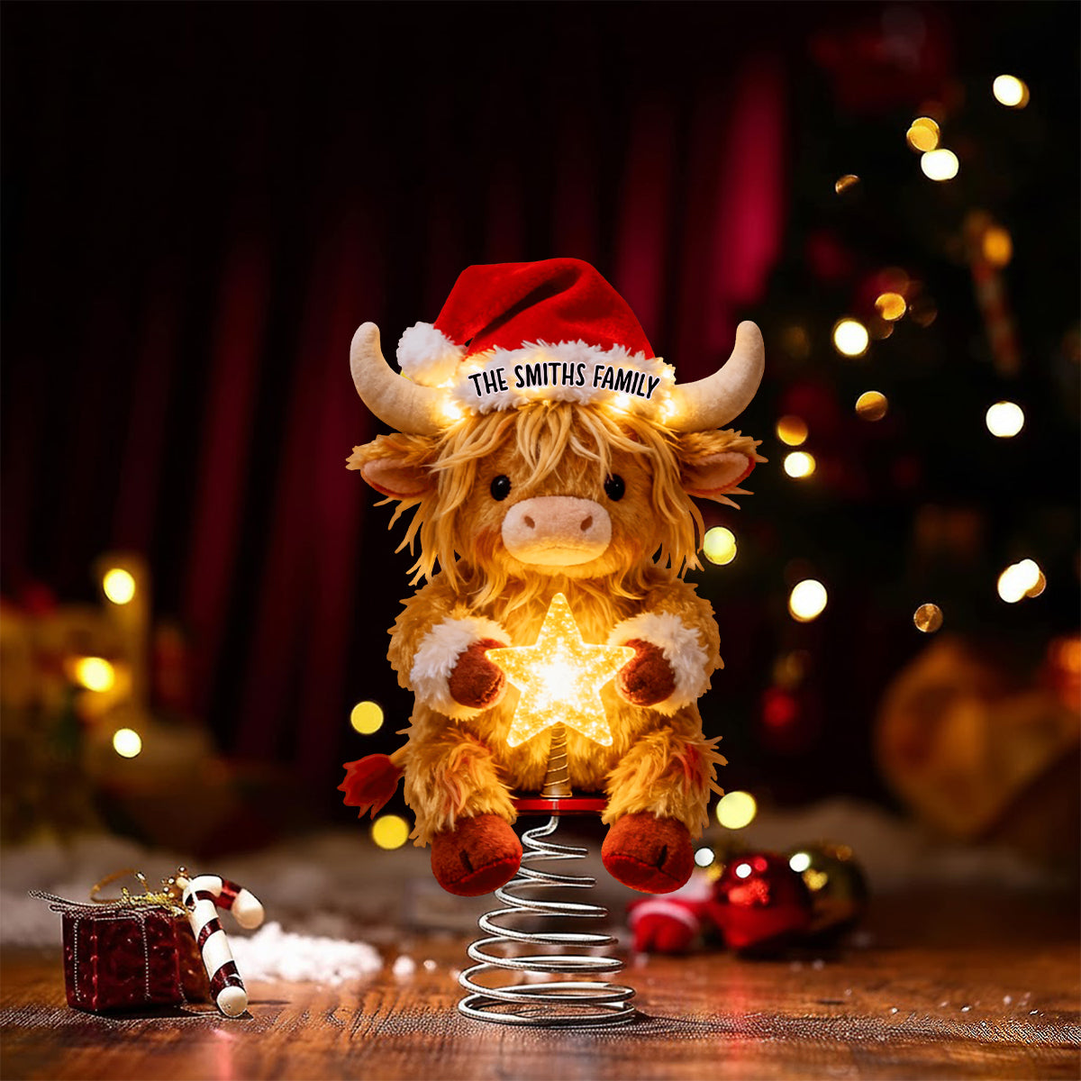 Merry Christmas - Personalized Highland Cow LED Light Tree Topper