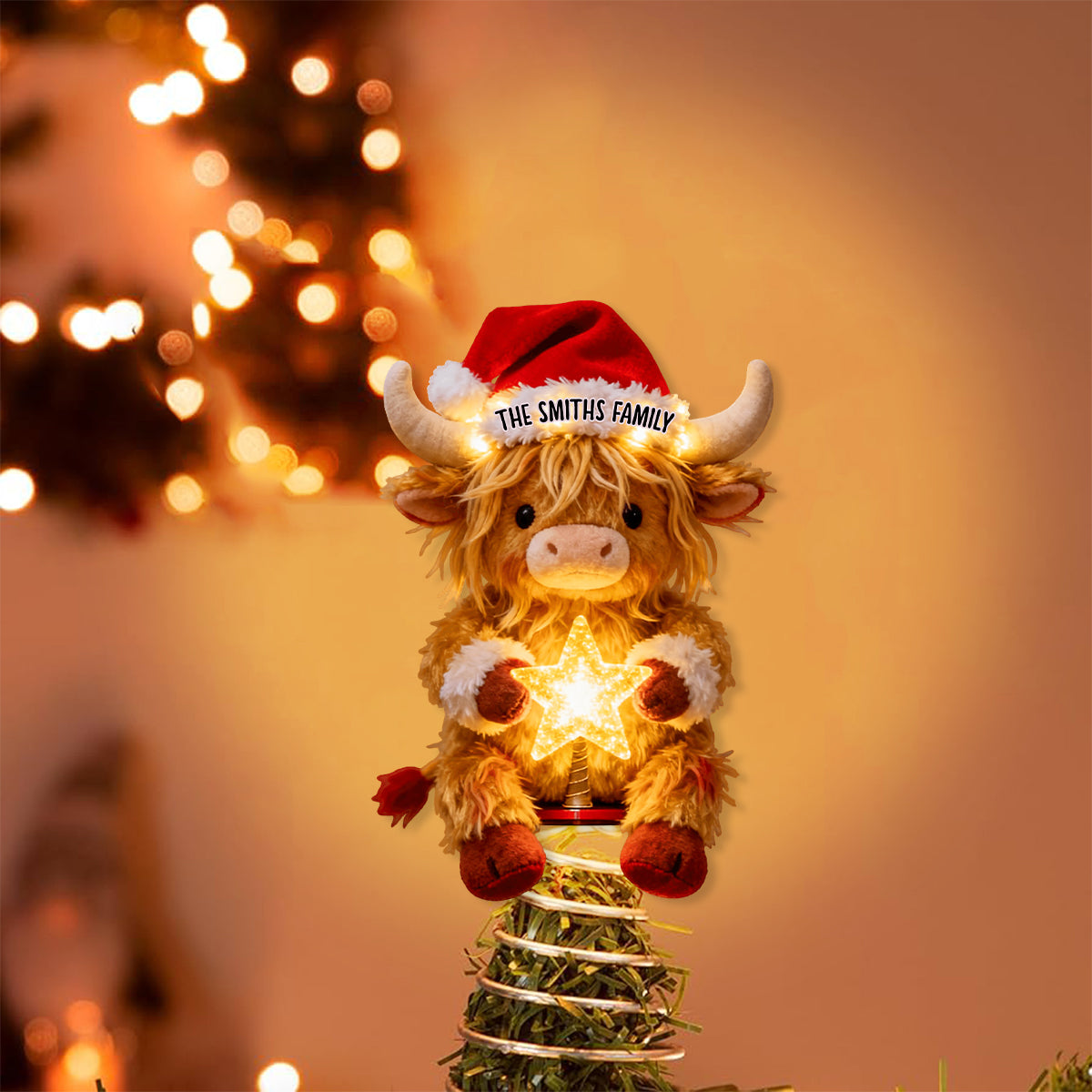 Merry Christmas - Personalized Highland Cow LED Light Tree Topper