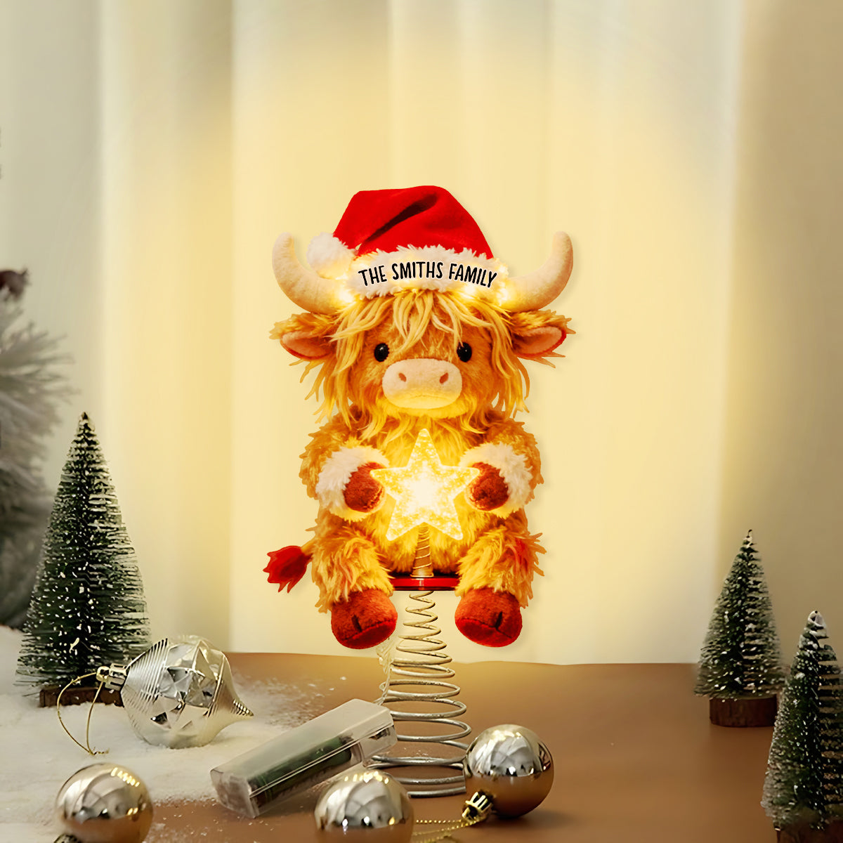 Merry Christmas - Personalized Highland Cow LED Light Tree Topper