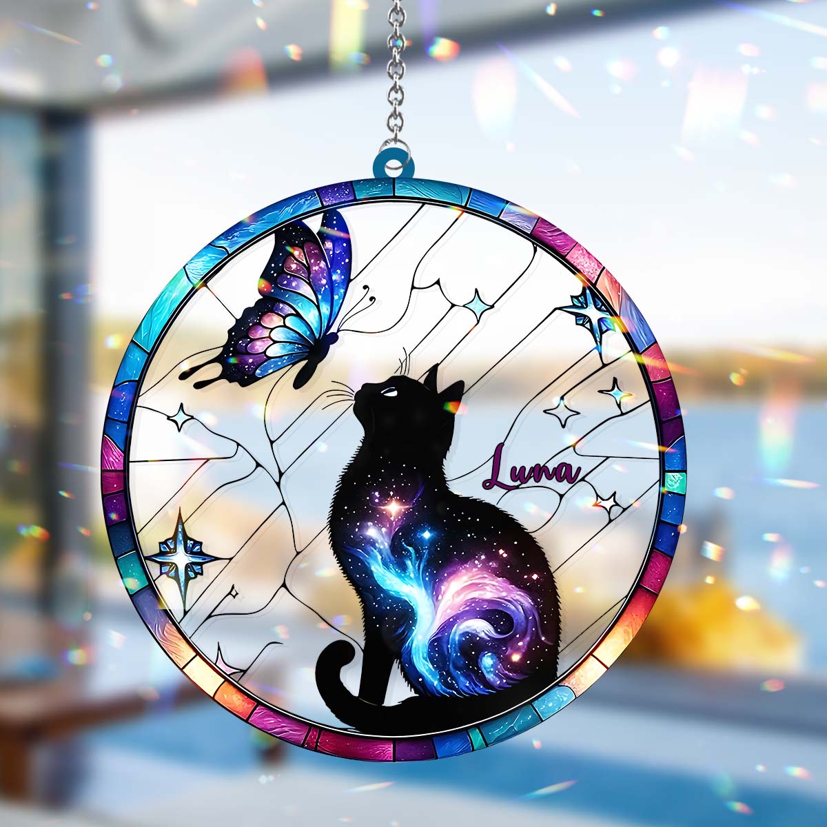 Cat And Butterfly - Personalized Cat Window Hanging Suncatcher Ornament