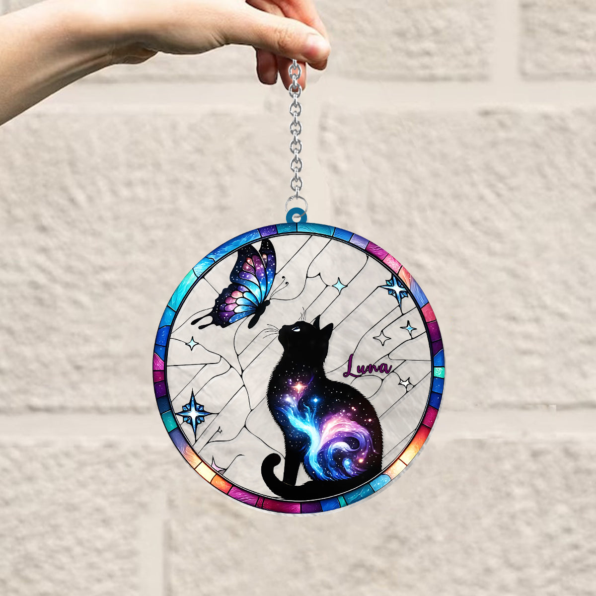 Cat And Butterfly - Personalized Cat Window Hanging Suncatcher Ornament