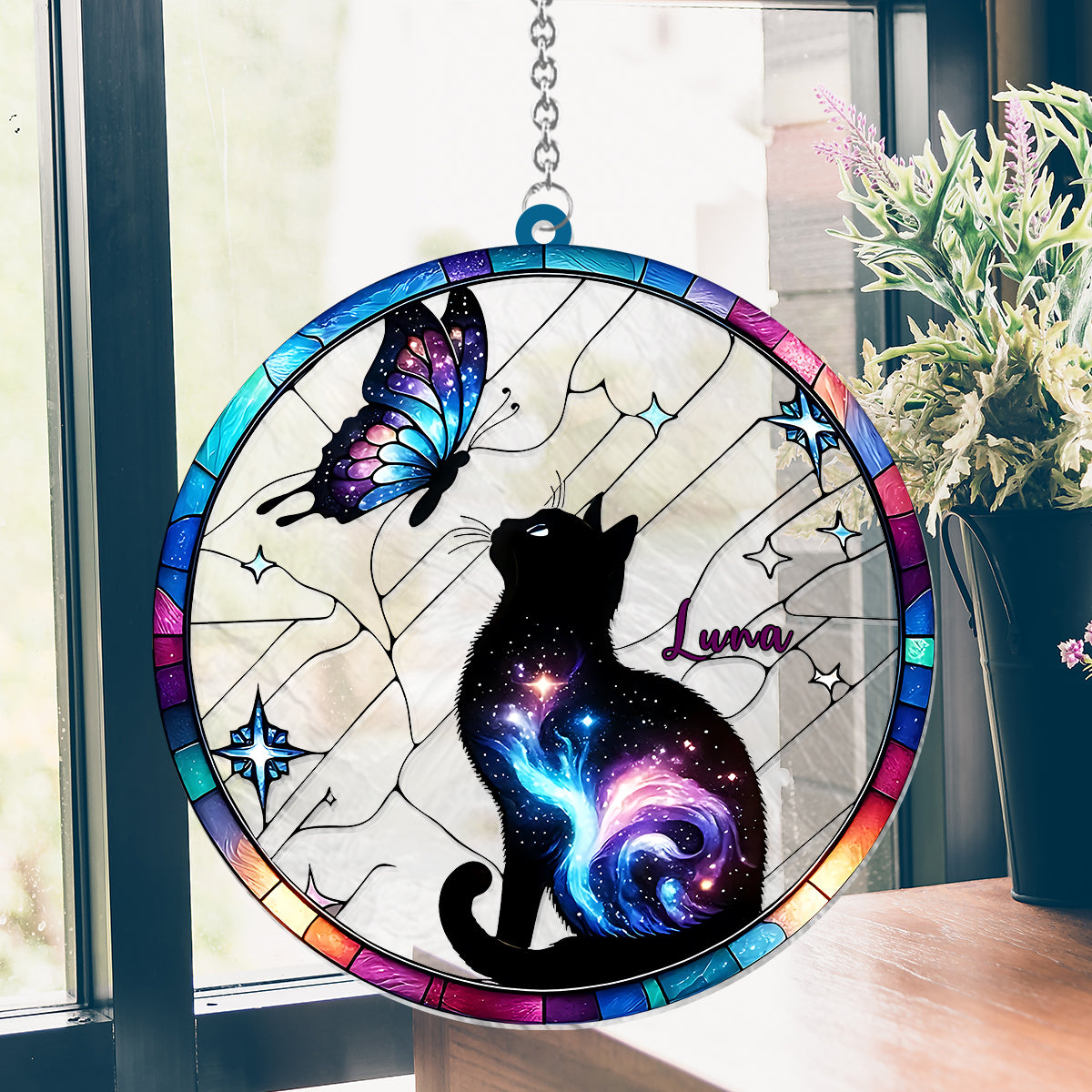 Cat And Butterfly - Personalized Cat Window Hanging Suncatcher Ornament