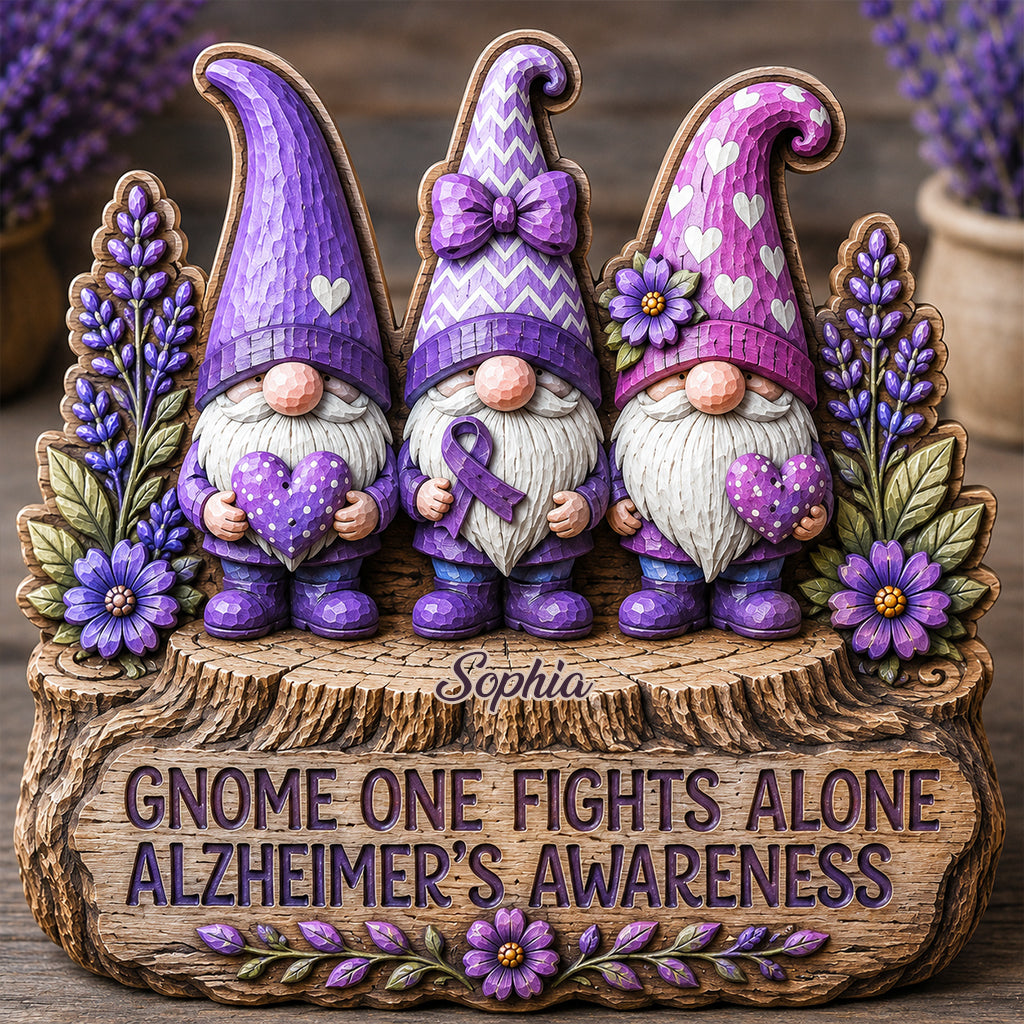 Gnome One Fights Alone - Personalized Alzheimer Awareness Custom Shaped Wood Plaque
