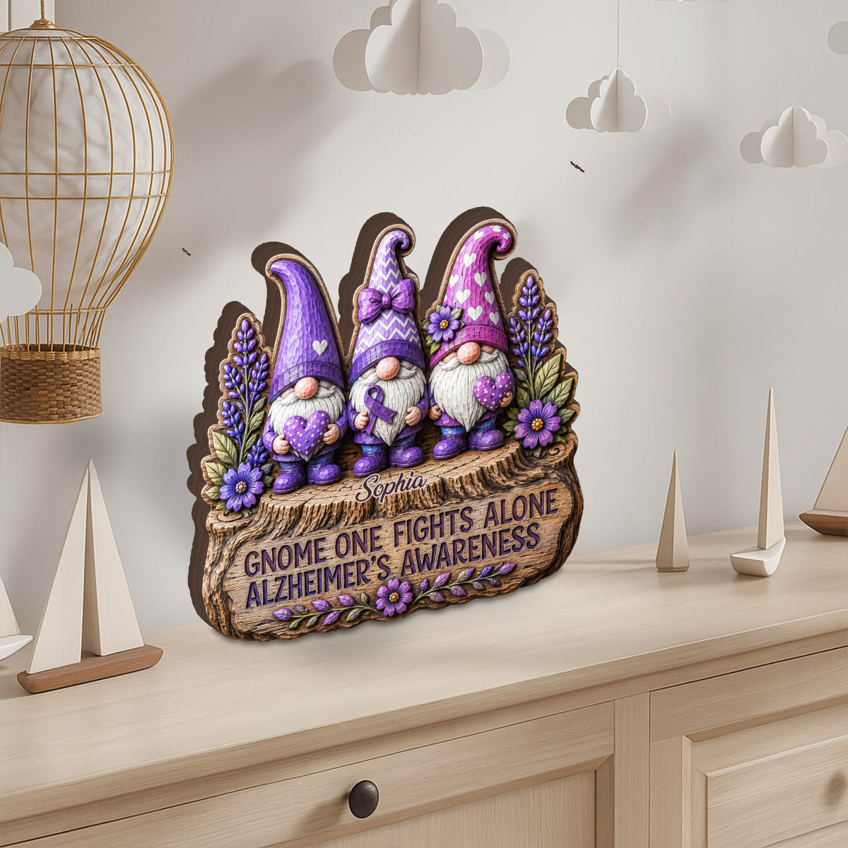 Gnome One Fights Alone - Personalized Alzheimer Awareness Custom Shaped Wood Plaque