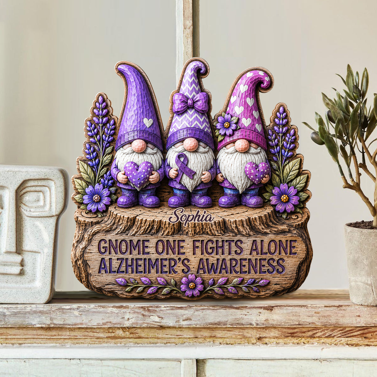Gnome One Fights Alone - Personalized Alzheimer Awareness Custom Shaped Wood Plaque