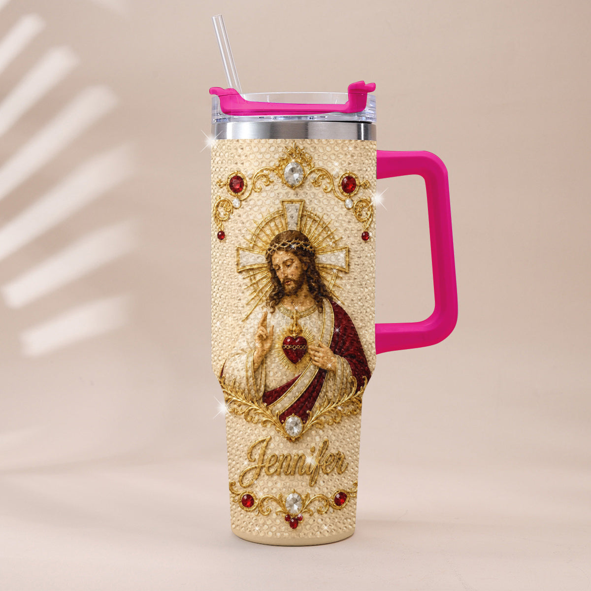 God Bless You - Personalized Christian Rhinestone Tumbler With Handle