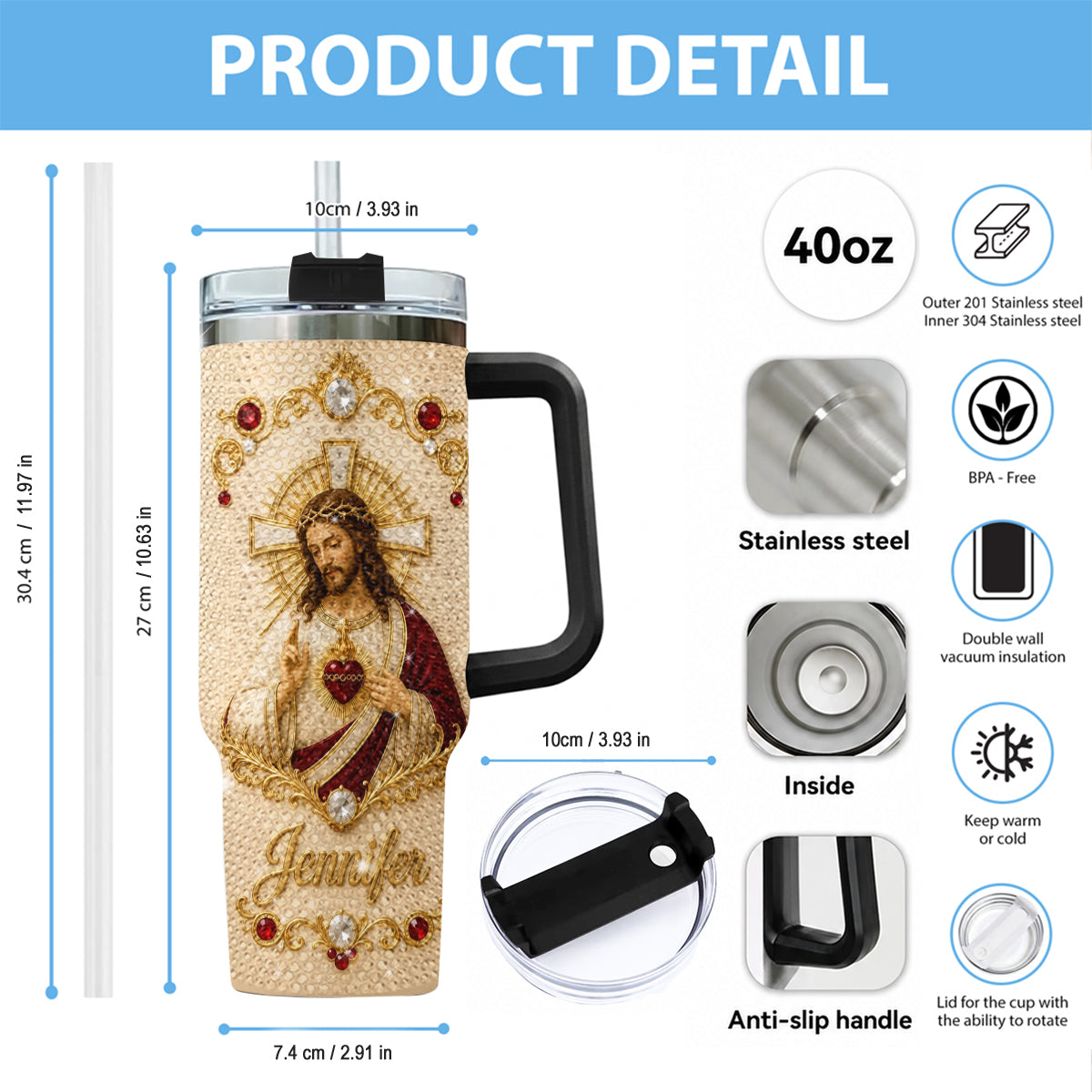 God Bless You - Personalized Christian Rhinestone Tumbler With Handle