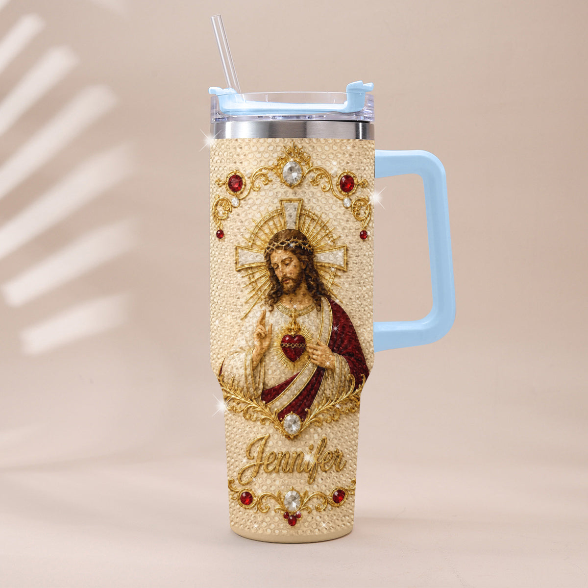 God Bless You - Personalized Christian Rhinestone Tumbler With Handle