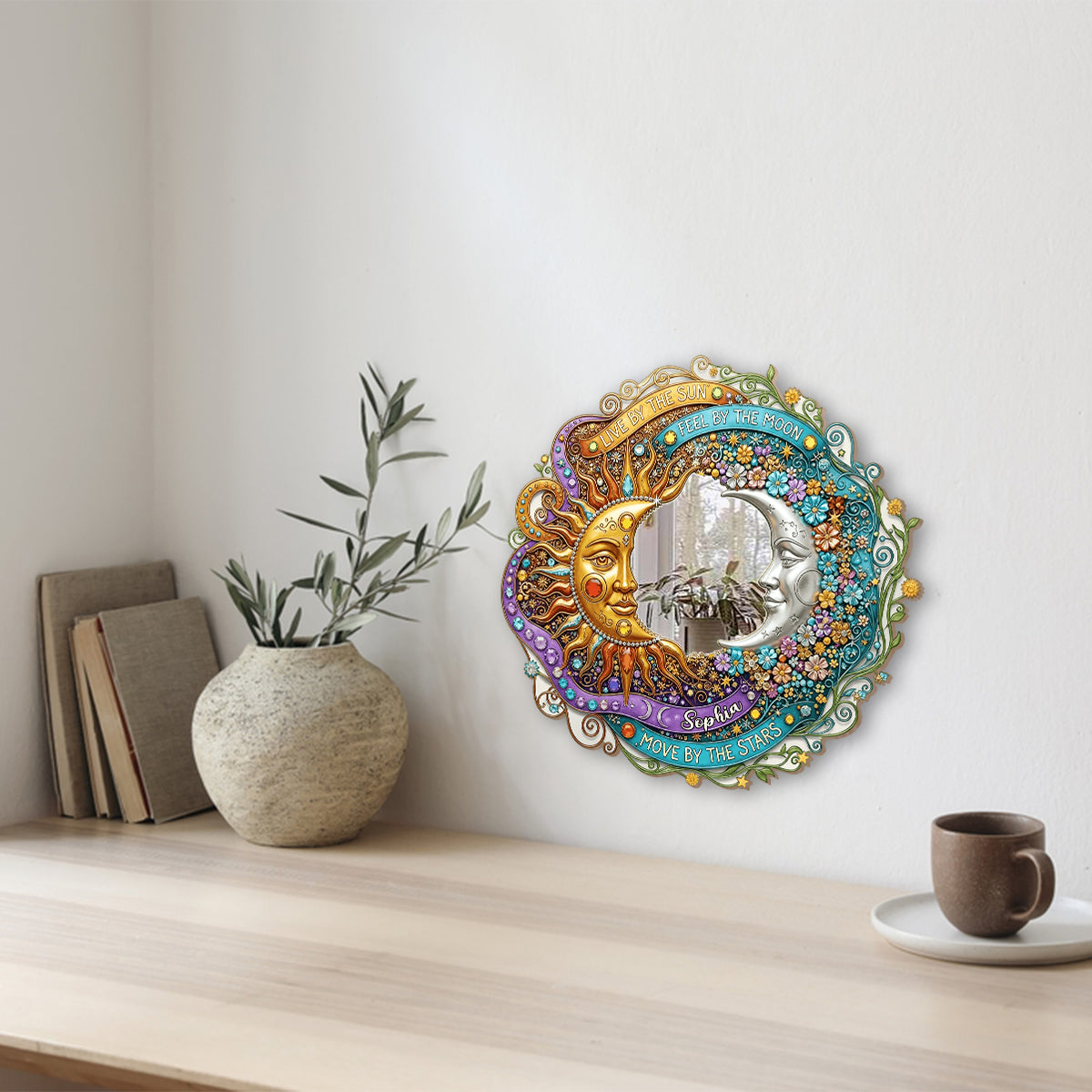 Live By The Sun, Feel By The Moon - Personalized Hippie Wall Hanging Mirror