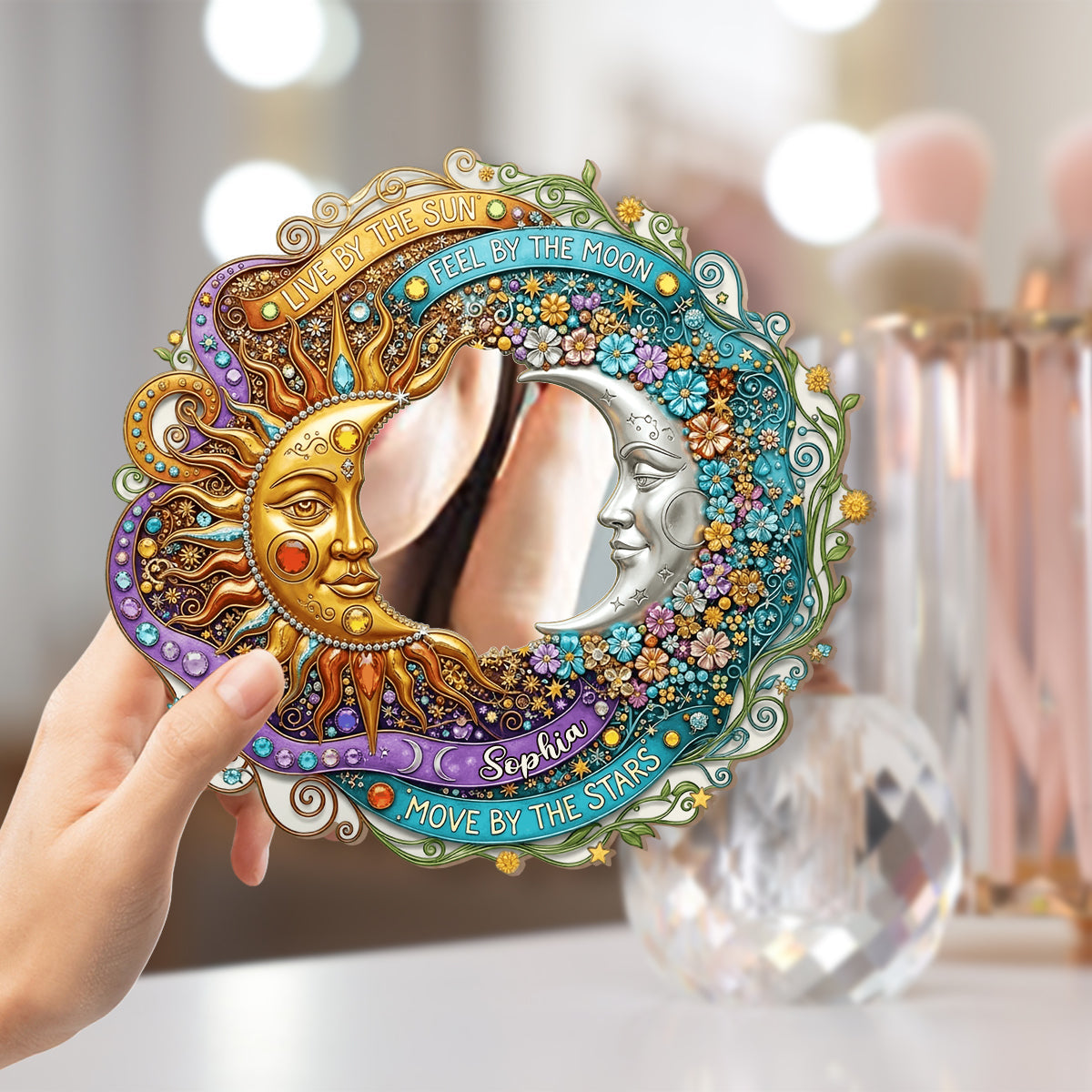 Live By The Sun, Feel By The Moon - Personalized Hippie Wall Hanging Mirror