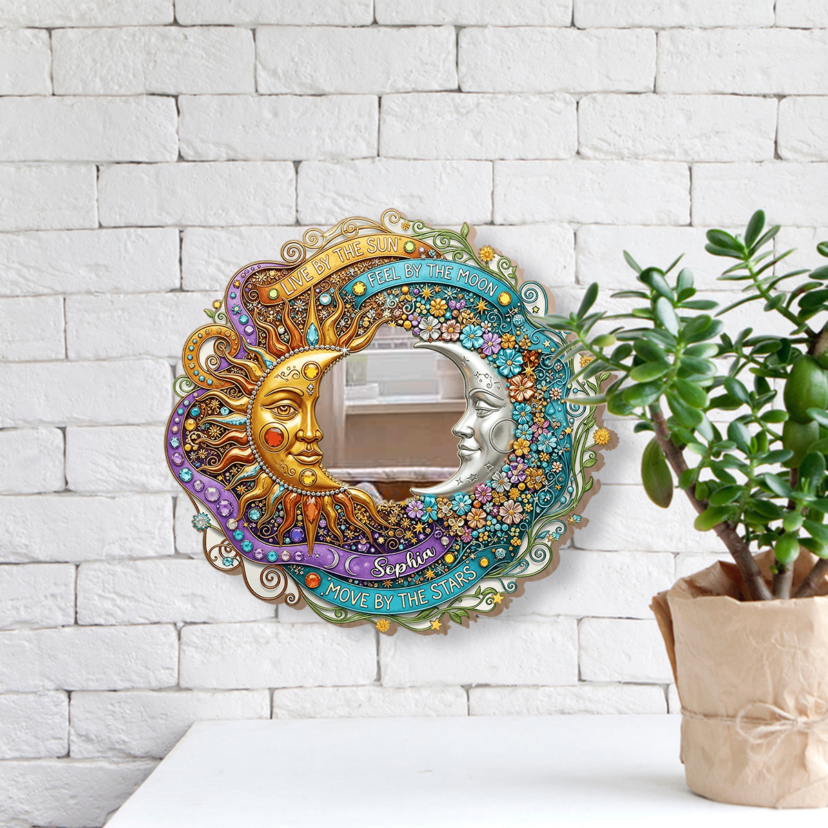 Live By The Sun, Feel By The Moon - Personalized Hippie Wall Hanging Mirror