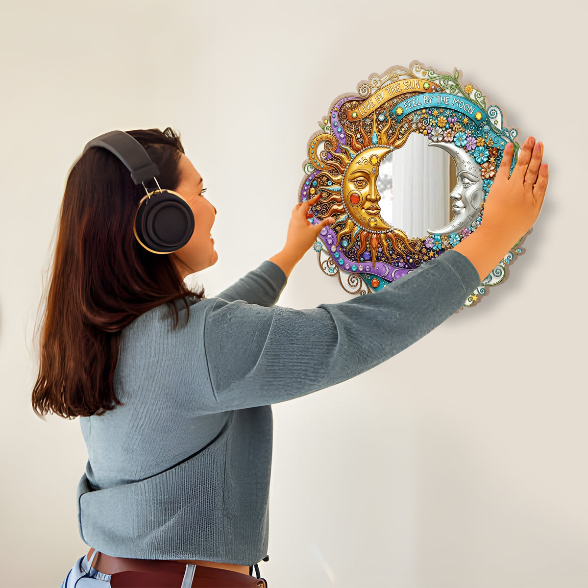 Live By The Sun, Feel By The Moon - Personalized Hippie Wall Hanging Mirror