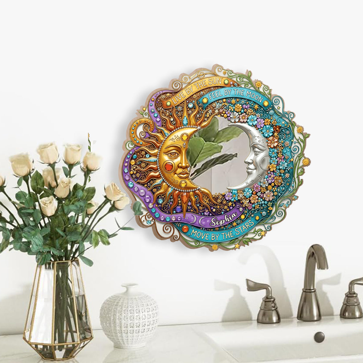 Live By The Sun, Feel By The Moon - Personalized Hippie Wall Hanging Mirror