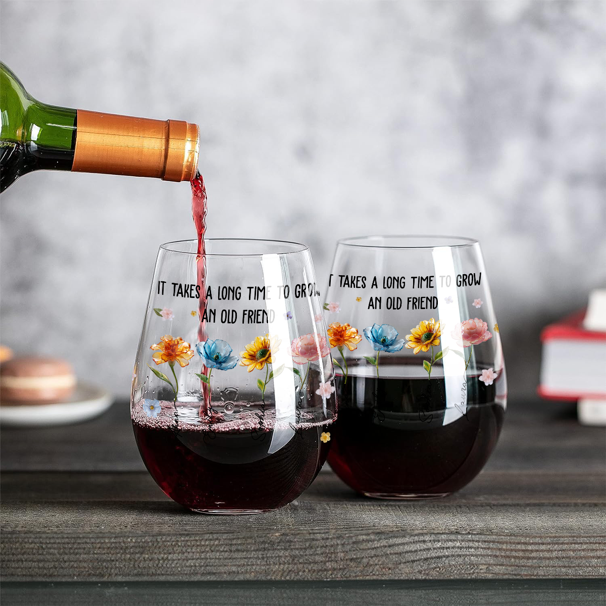 It's Take A Long Time To Grow An Old Friend - Personalized Bestie All Over Wine Glass