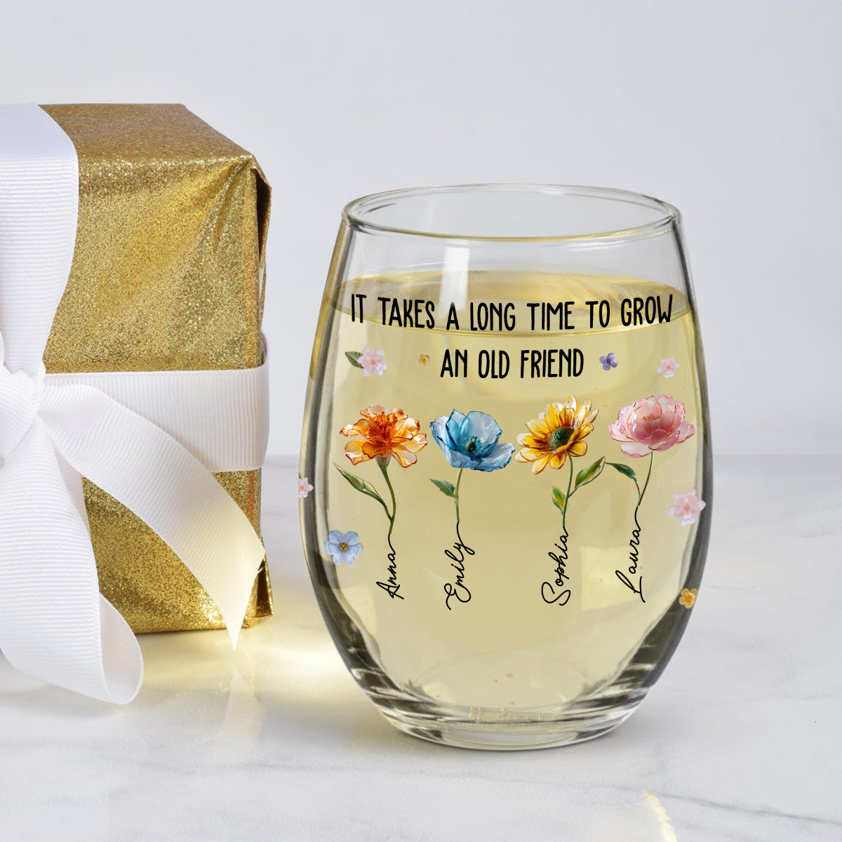 It's Take A Long Time To Grow An Old Friend - Personalized Bestie All Over Wine Glass
