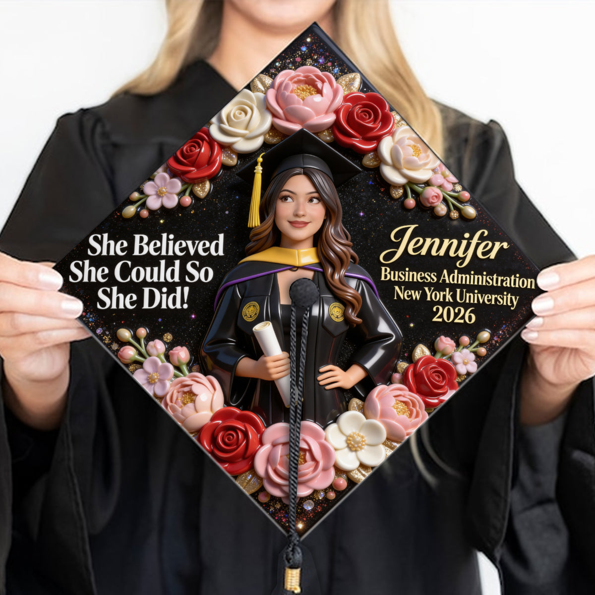 She Believed She Could So She Did! - Personalized Graduation Cap Topper
