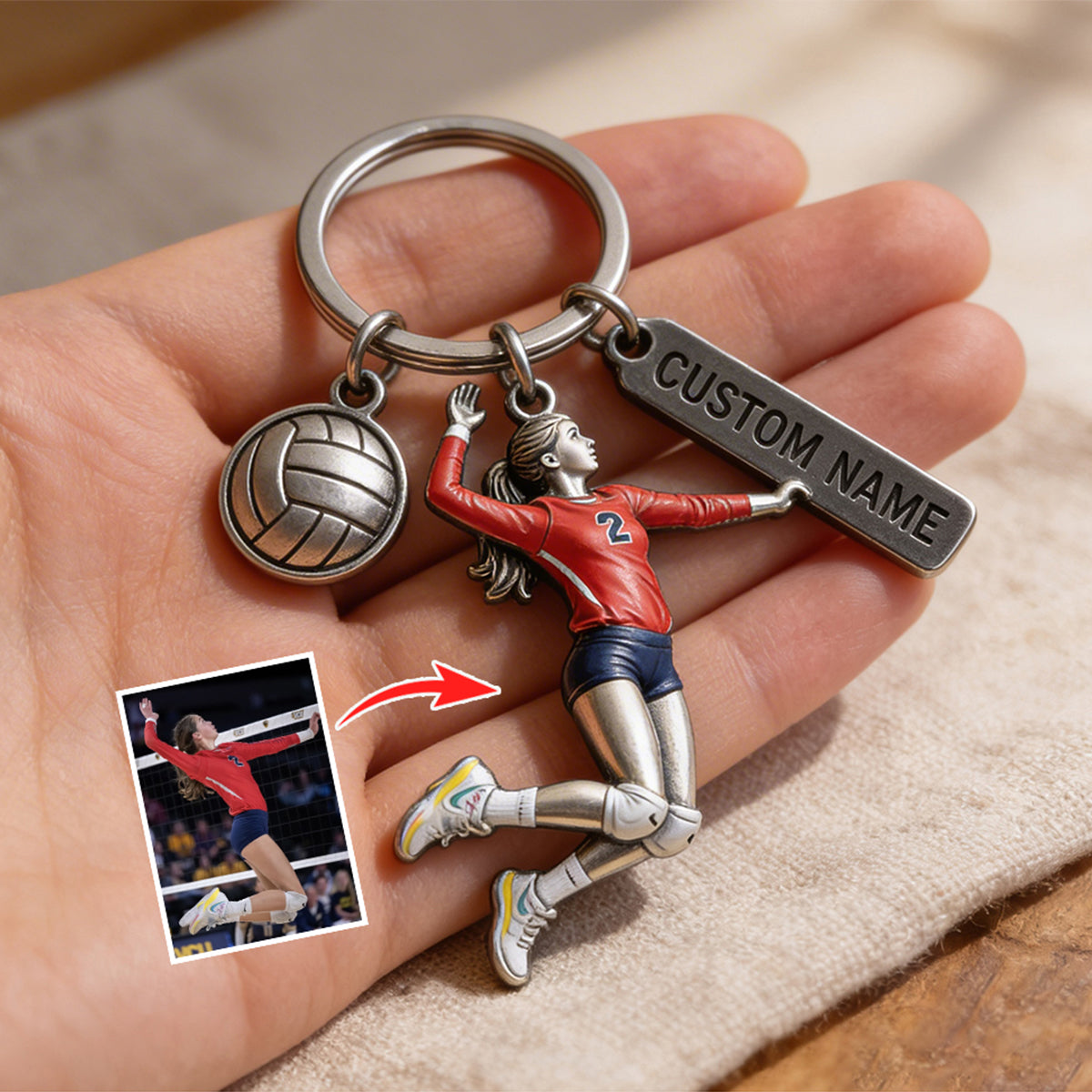 Custom Keychain From Any Photo - Personalized Volleyball Keychain With Charms