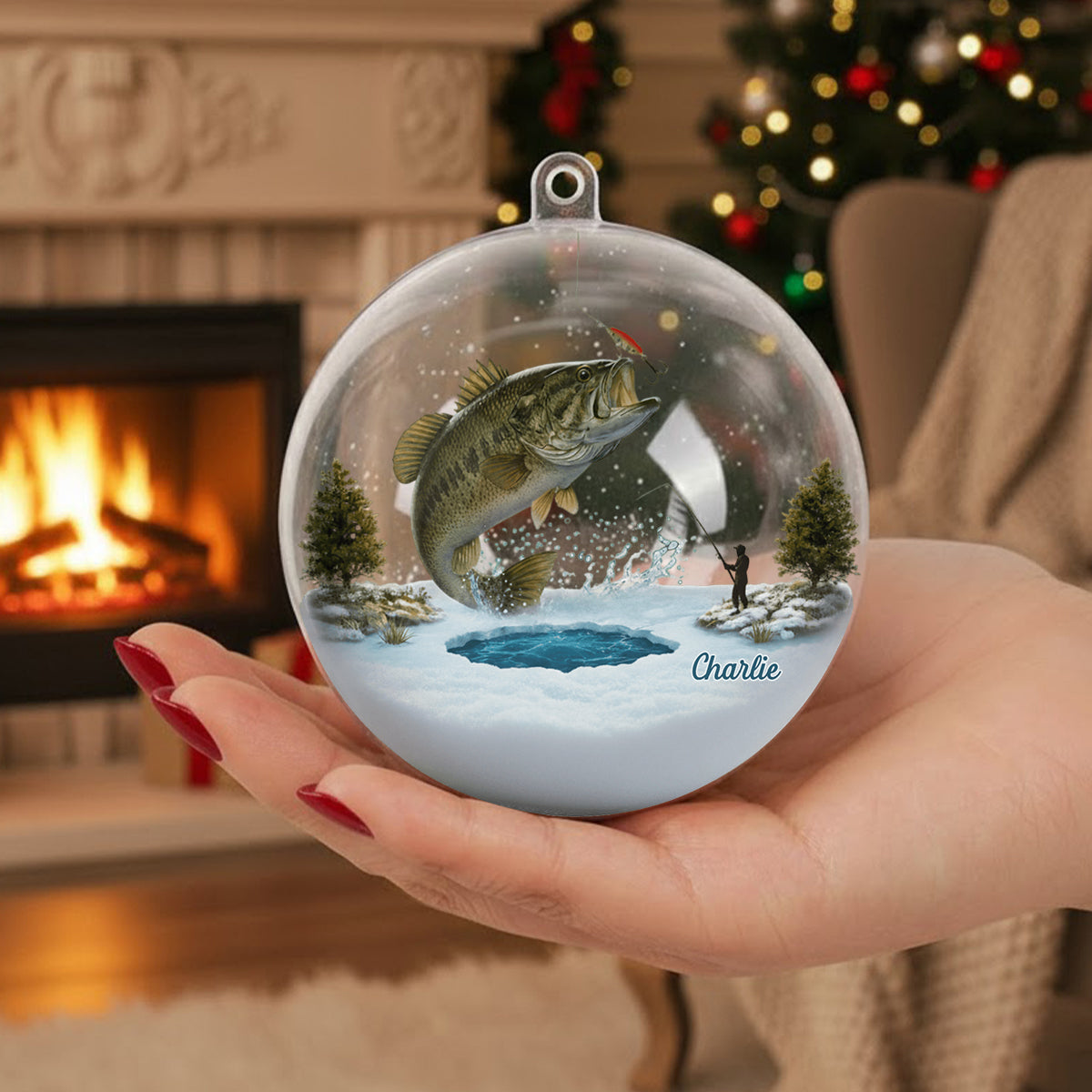 Merry Fishmas - Personalized Fishing Snow Globe Ornament With Bow