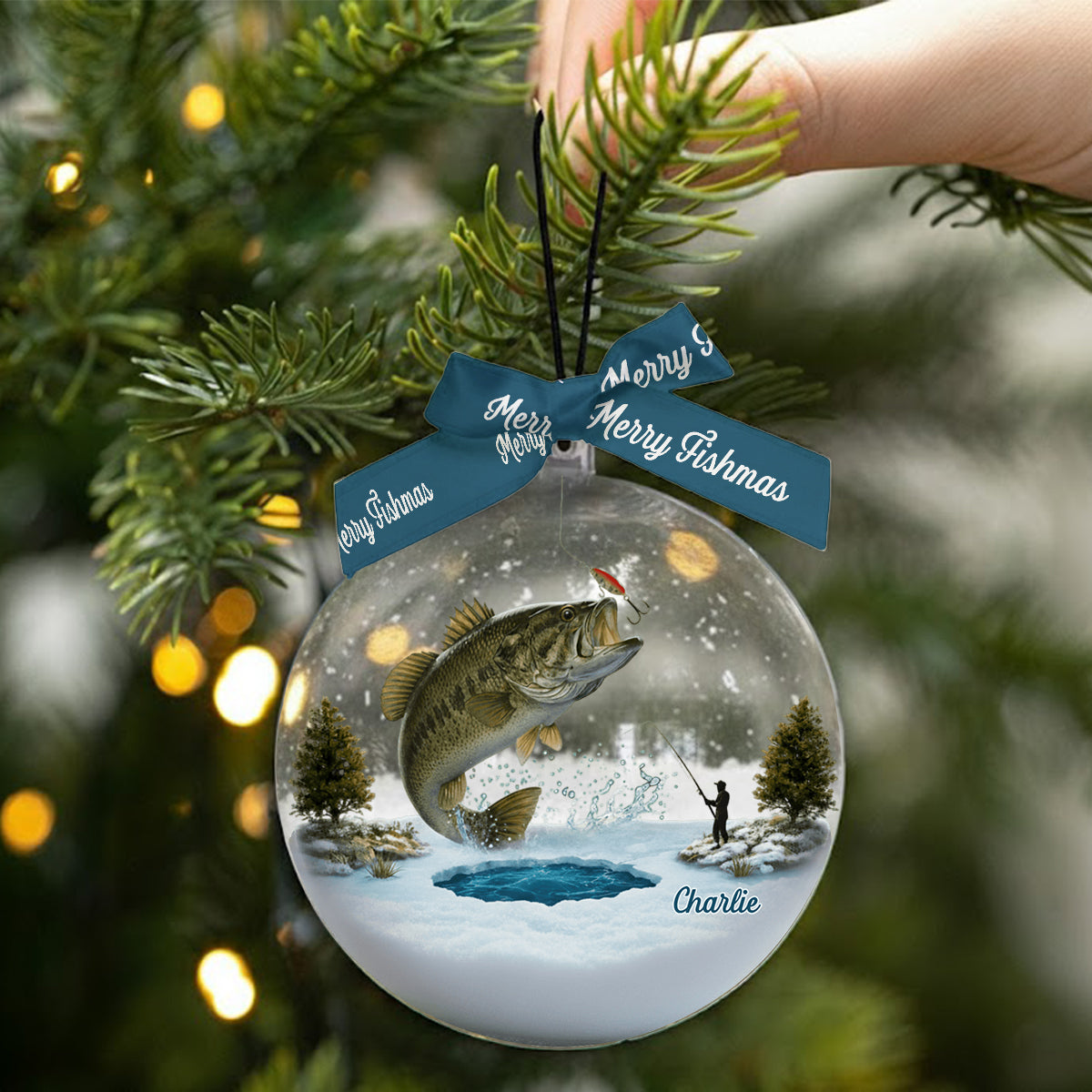 Merry Fishmas - Personalized Fishing Snow Globe Ornament With Bow