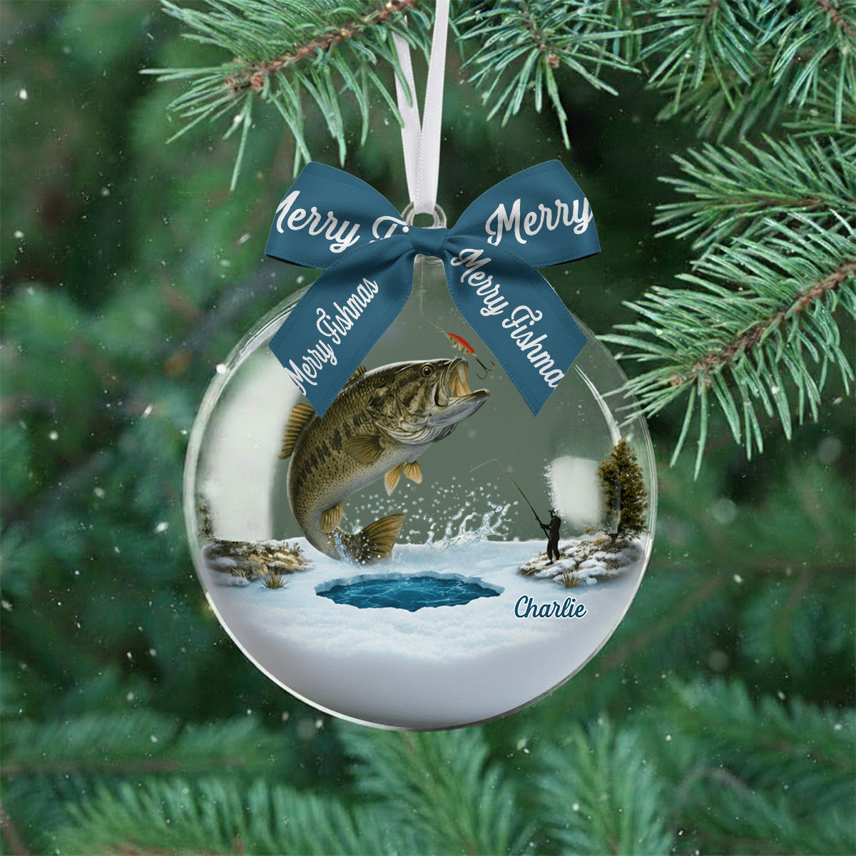 Merry Fishmas - Personalized Fishing Snow Globe Ornament With Bow