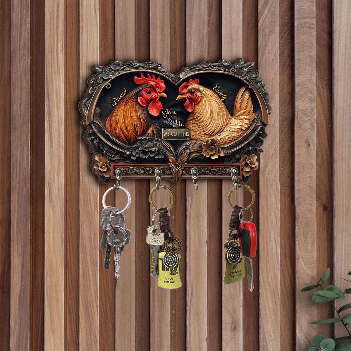 An Old Rooster & His Cute Chick - Personalized Chicken Custom Shaped Key Rack