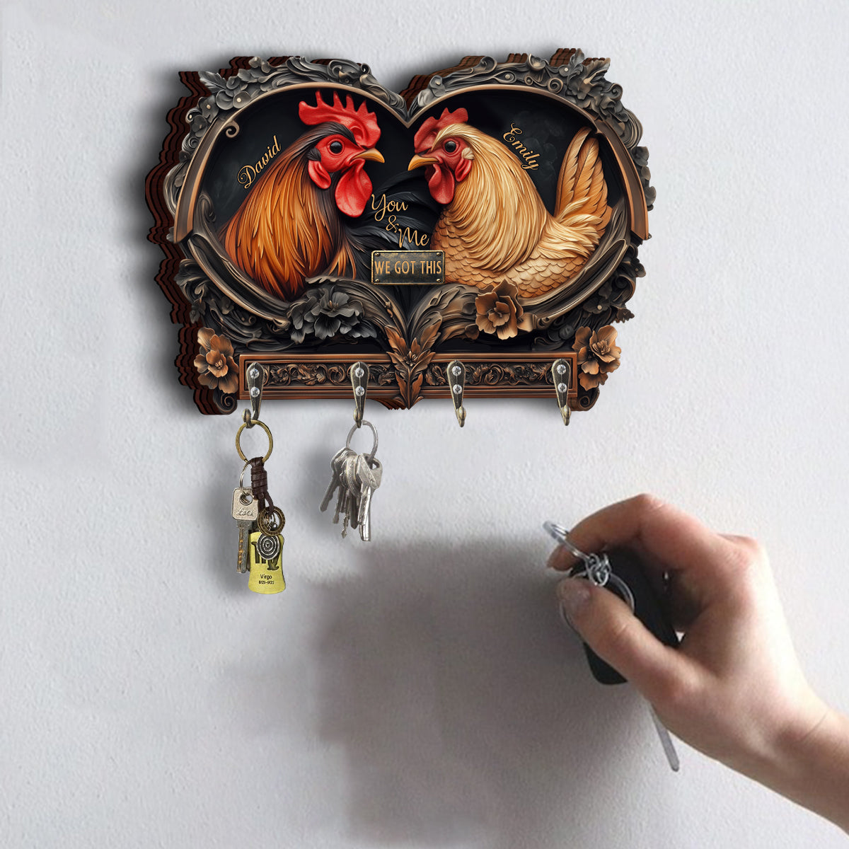 An Old Rooster & His Cute Chick - Personalized Chicken Custom Shaped Key Rack