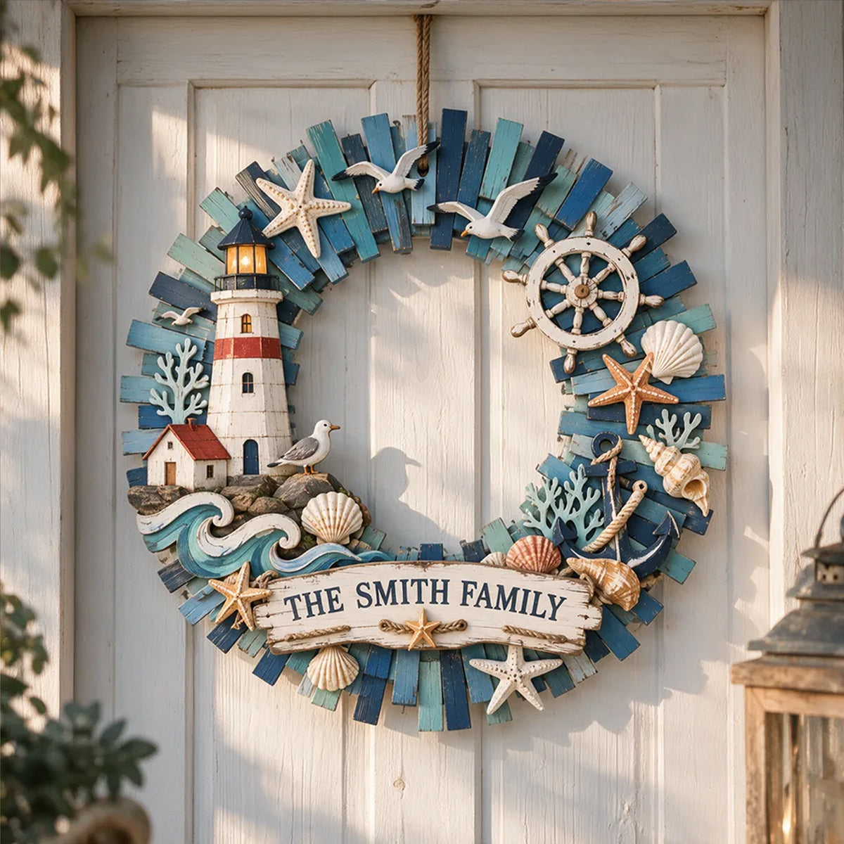 Lighthouse Coastal Home Decor, Coastal Wreath - Personalized Family 2 Layered Wood Sign / Wood Plaque