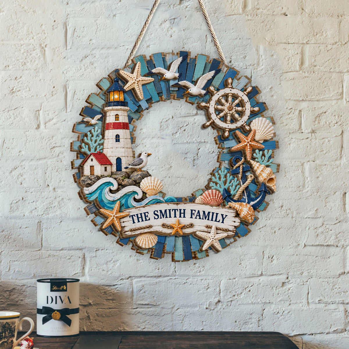 Lighthouse Coastal Home Decor, Coastal Wreath - Personalized Family 2 Layered Wood Sign / Wood Plaque