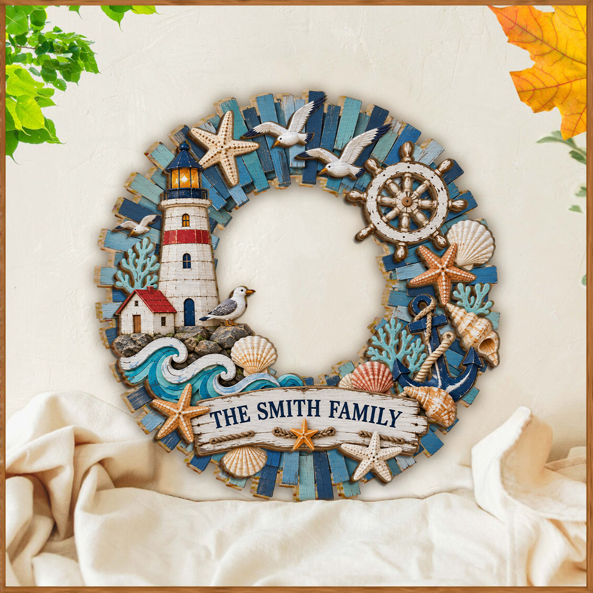 Lighthouse Coastal Home Decor, Coastal Wreath - Personalized Family 2 Layered Wood Sign / Wood Plaque