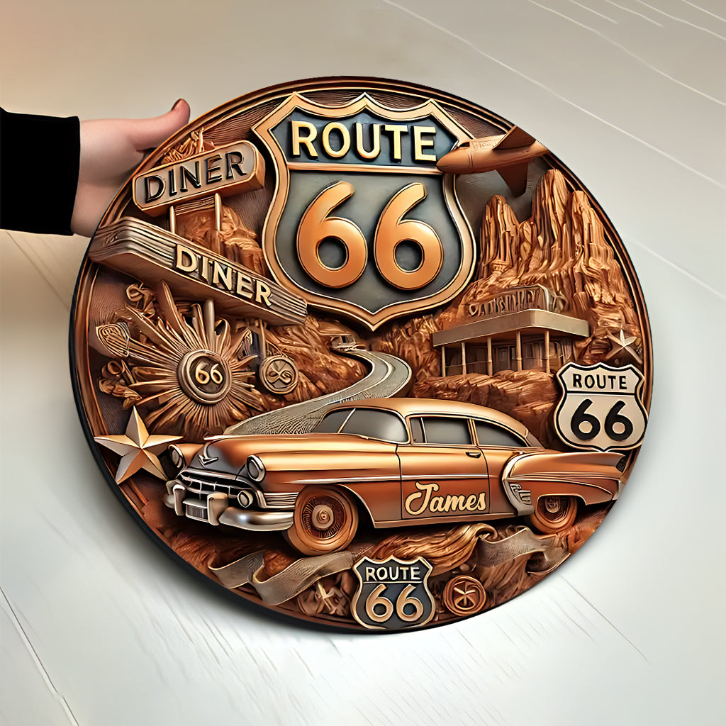 Vintage Route 66 - Personalized Muscle Car Round Wood Sign