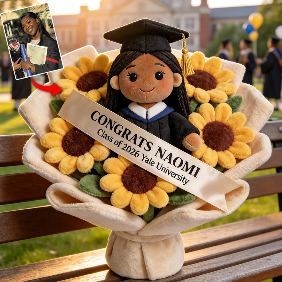 Graduation Plush Doll Bouquet - Personalized Graduation Premium Faux Fur Pillow